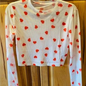 White and Red Heart Print Mesh Crop Top